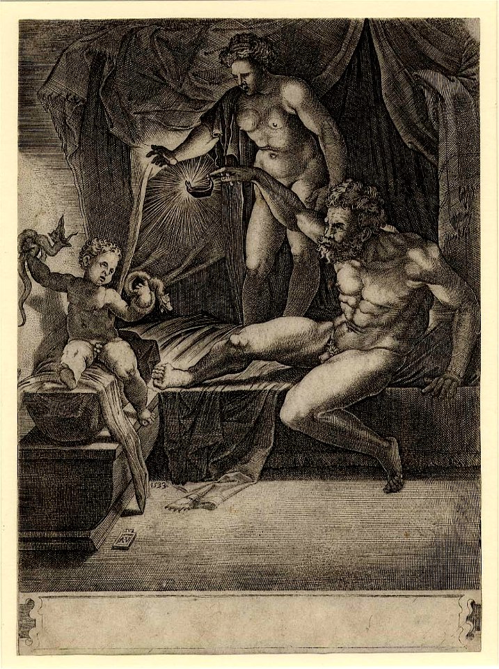 Agostino Veneziano - The young Hercules sitting in his cradle crushing a serpent in each hand while Amphitryon and Alcmena look on. 1533, 1863,0725.1742