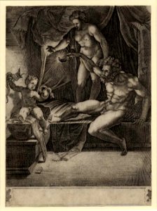 Agostino Veneziano - The young Hercules sitting in his cradle crushing a serpent in each hand while Amphitryon and Alcmena look on. 1533, 1863,0725.1742