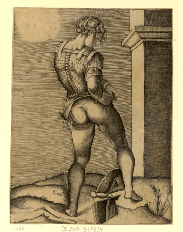 Agostino Veneziano - Soldat befestigt seine Hose, DG201737334