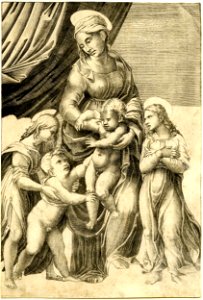 Agostino Veneziano - Virgin and Child with the infant St John the Baptist and two angels; an unfinished proof. 1516, H,7.13