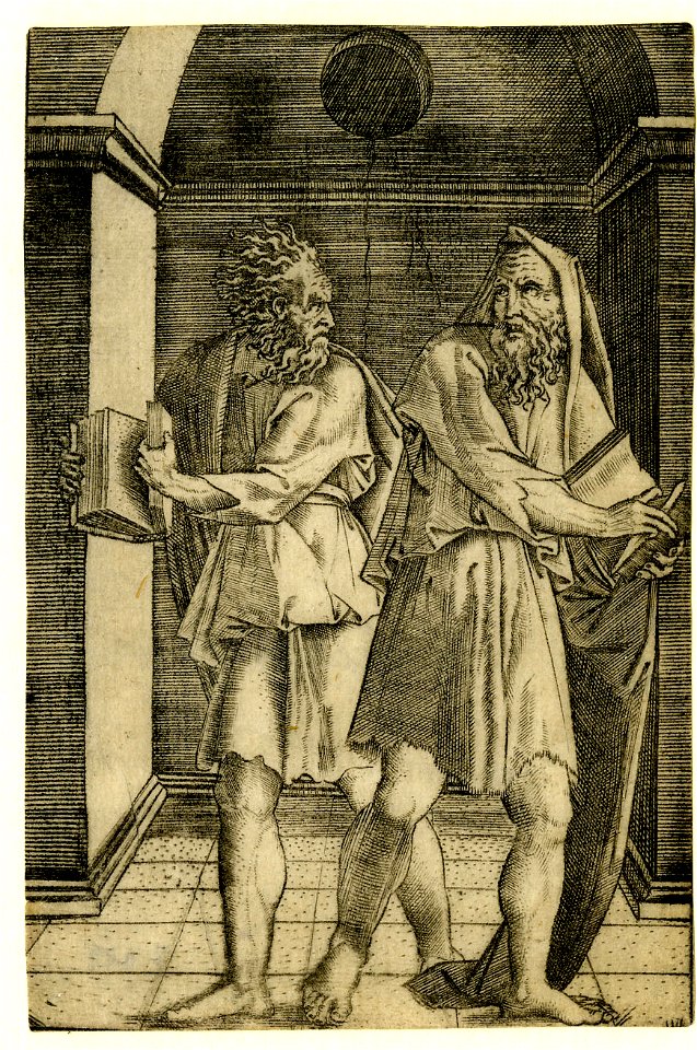 Agostino Veneziano - Two old philosophers holding open books, walking away from each other as if in anger, H,3.57