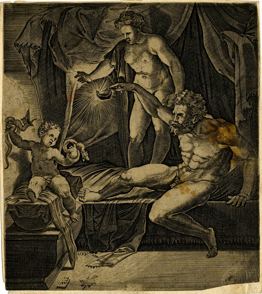 Agostino Veneziano - The young Hercules sitting in his cradle crushing a serpent in each hand while Amphitryon and Alcmena look on. 1533, H,7.30