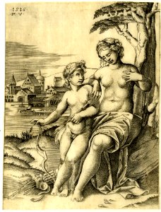 Agostino Veneziano - Venus sitting at the foot of a tree on a hill, 1873,0809.744
