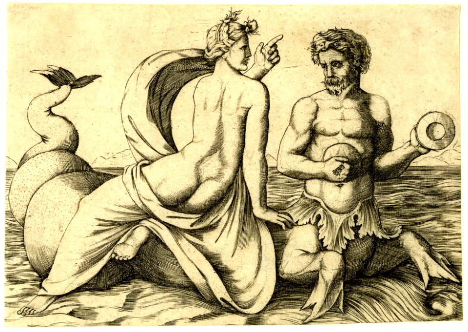 Agostino Veneziano - Triton swimming in the sea holding cymbals in both a hands with a Nereid, 1871,1209.3462