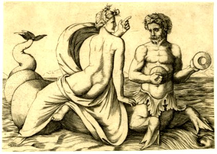 Agostino Veneziano - Triton swimming in the sea holding cymbals in both a hands with a Nereid, 1871,1209.3462