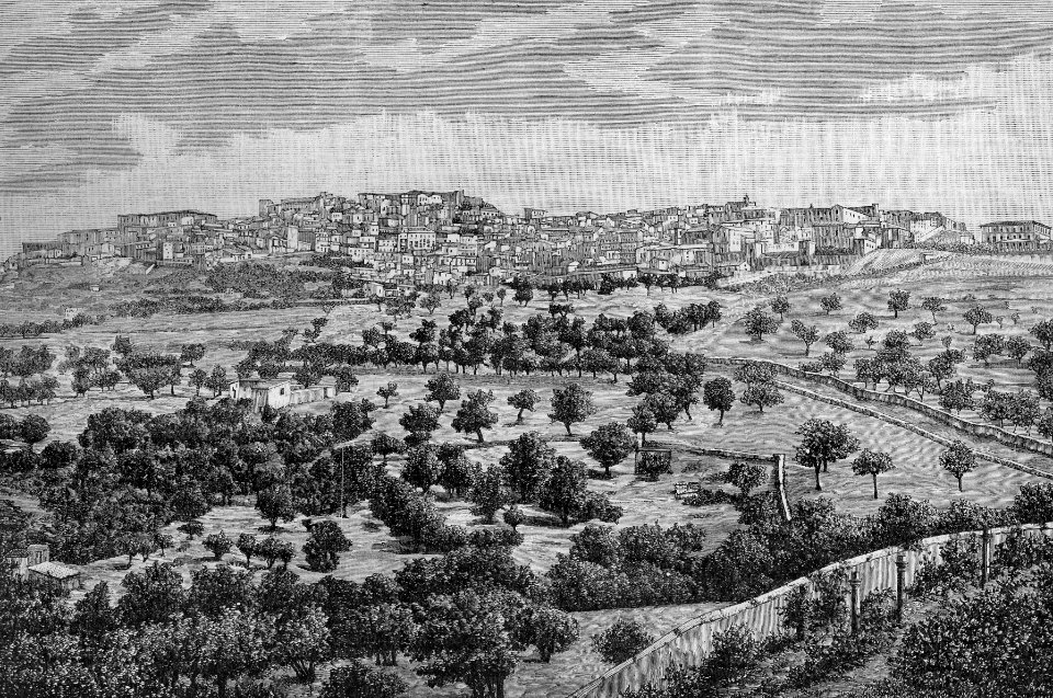 Agrigento – Panorama dalla Valle dei Templi (xilografia)