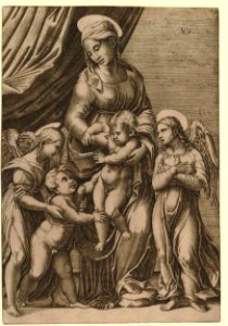 Agostino Veneziano - Virgin and Child with the infant St John the Baptist and two angels. 1516, H,7.14