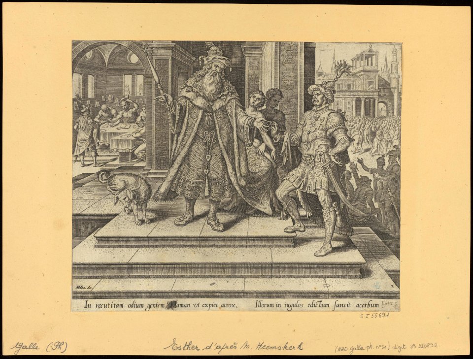 Ahasuerus Commissions to Destroy The Jewish People 1564 print by Maarten van Heemskerck, S.I 55691, Prints Department, Royal Library of Belgium