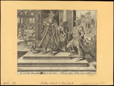 Ahasuerus Commissions to Destroy The Jewish People 1564 print by Maarten van Heemskerck, S.I 55691, Prints Department, Royal Library of Belgium