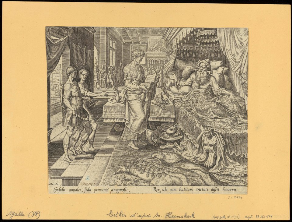 Ahasuerus Consulting The Book of Chronicles 1564 print by Maarten van Heemskerck, S.I 55694, Prints Department, Royal Library of Belgium