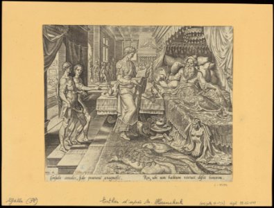 Ahasuerus Consulting The Book of Chronicles 1564 print by Maarten van Heemskerck, S.I 55694, Prints Department, Royal Library of Belgium