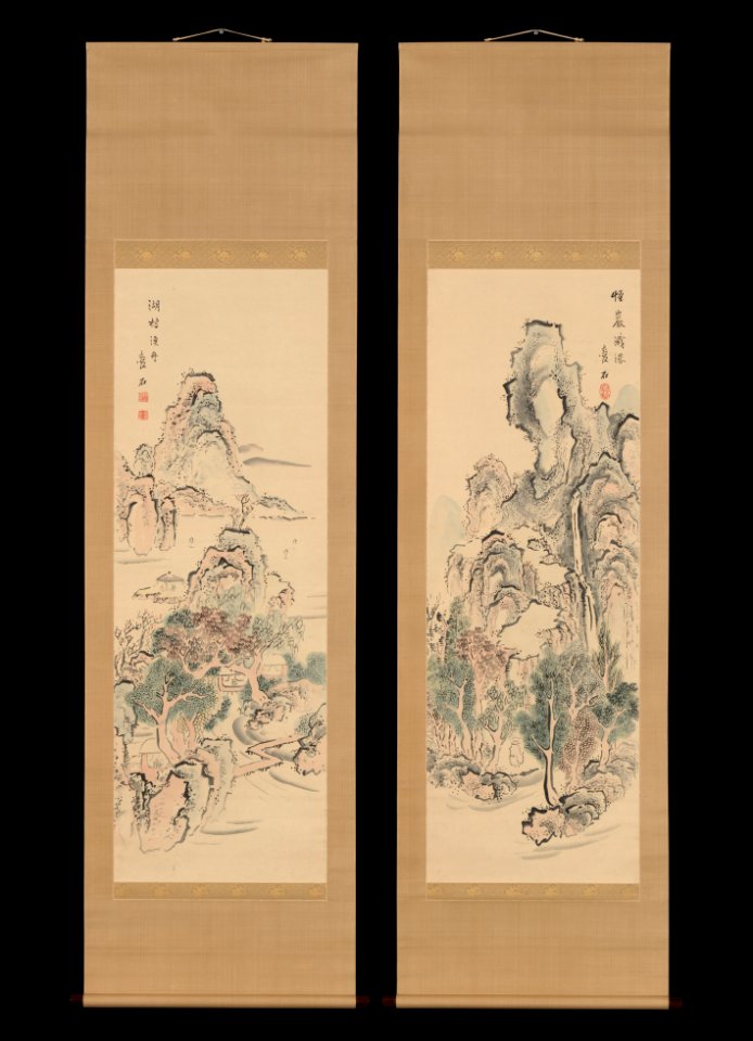 Aiseki - Fantastic Rocks with Cascading Waterfall, Fishing Boats by a Lake Hamlet - 2015.300.172a, b - Metropolitan Museum of Art