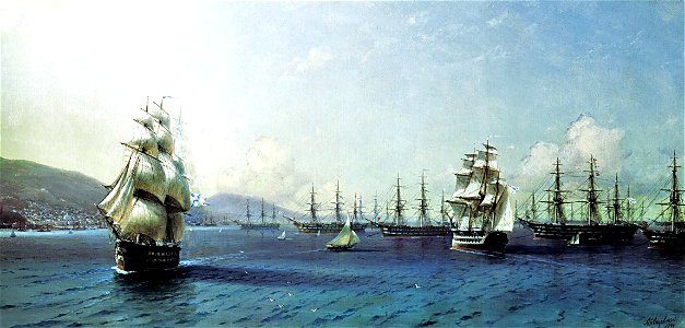 Aivazovsky - Black Sea Fleet in the Bay of Theodosia. Free illustration for personal and commercial use.
