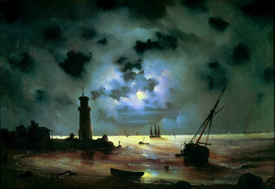 Aivazovsky - Sea coast at night. Near the beacon