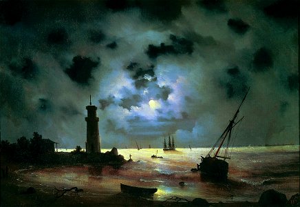 Aivazovsky - Sea coast at night. Near the beacon. Free illustration for personal and commercial use.