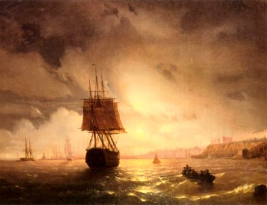 Aivazovsky, Ivan Constantinovich ~ The Harbor at Odessa on the Black Sea, oil on canvas, 1852. Free illustration for personal and commercial use.
