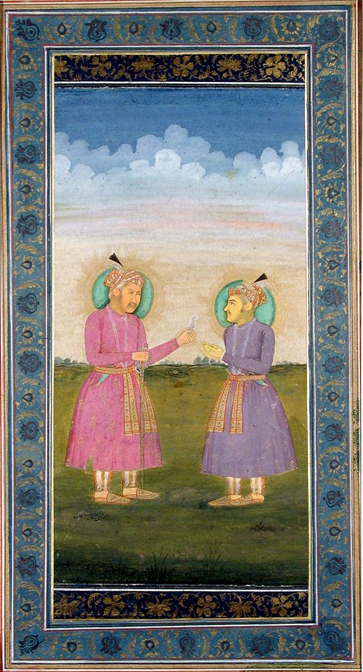 Akbar hands a jeweled feather to his son Jahangir (6125080482)
