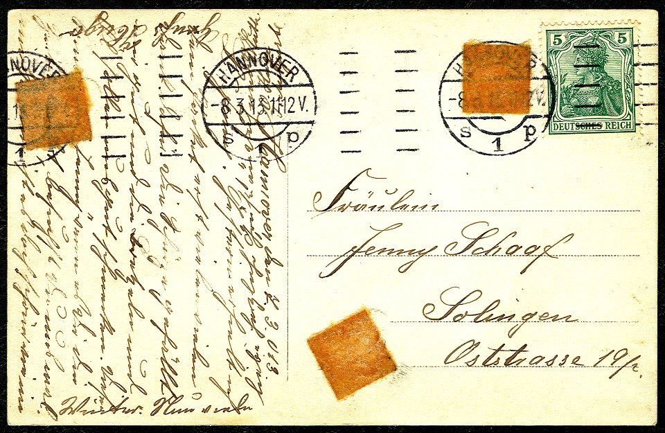 AK Hugo Hoppe Hannover, Messerschmied Schleifer, Adressseite Fräulein Jenny Schaaf, Solingen, Oststrasse 19, datiert 7. März 1913, Klebereste