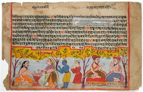 Akrunaoffers food; right- two munnis under trees (pale blue background) (6124519215)