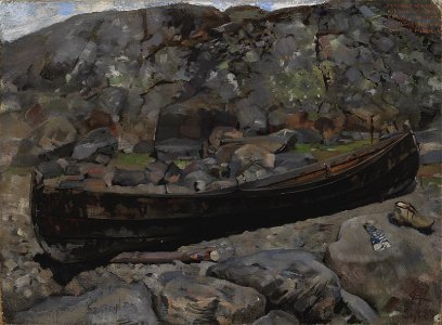 Akseli Gallen-Kallela - Boat on a Rocky Shore Near the Old Church in Tyrvää - Gösta Serlachius Fine Arts Foundation. Free illustration for personal and commercial use.