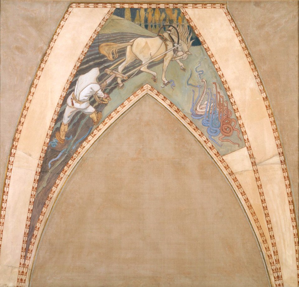 Akseli Gallen-Kallela - Ilmarinen ploughing the Viper-field, Sketch for the cupola frescos of the Finnish Pavilion in Paris - A I 654 A - Finnish National Gallery