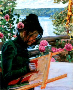 Akseli Gallen-Kallela - Mary Sewing on the Veranda of Kalela
