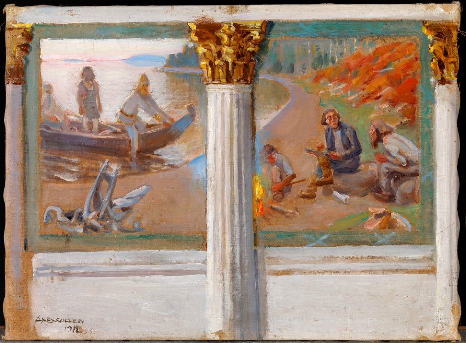 Akseli Gallen-Kallela - Lönnrot ja runonlaulajat, luonnos Helsingin yliopiston juhlasalin seinämaalaukseksi - A III 2154 - Finnish National Gallery