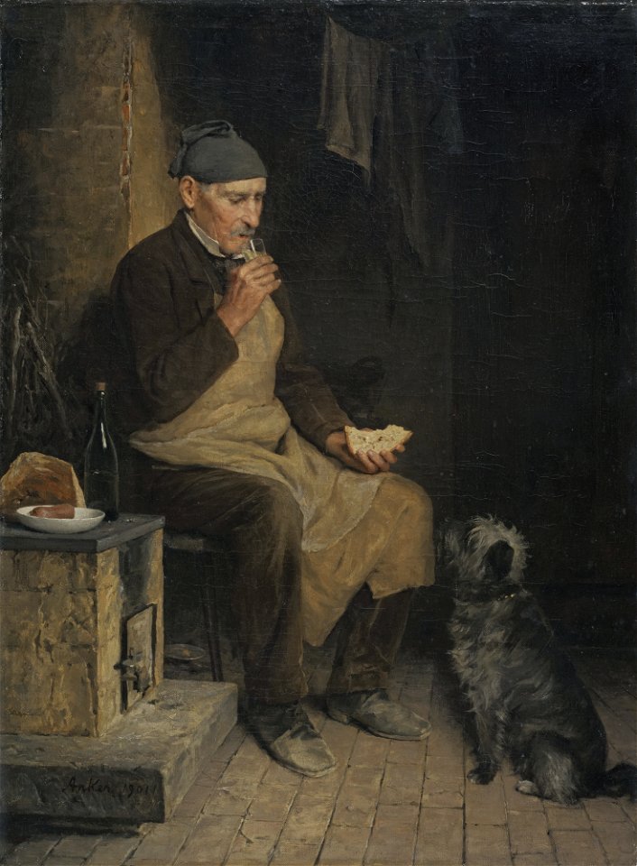 Albert Anker - Alter Mann beim Znüni
