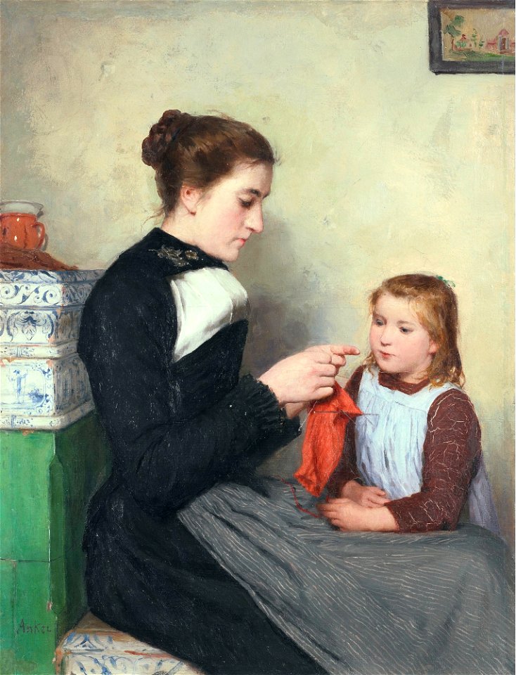 Albert Anker - Strickende Bernerin mit Kind