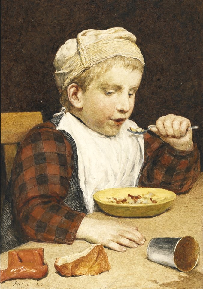 Albert Anker - Knabe mit Mütze beim essen (1910)