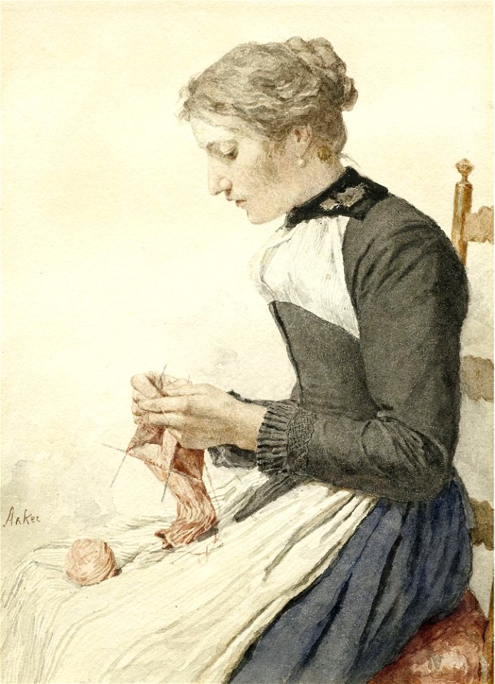 Albert Anker - Strickende junge Frau (Aquarell)