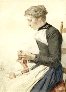 Albert Anker - Strickende junge Frau (Aquarell). Free illustration for personal and commercial use.