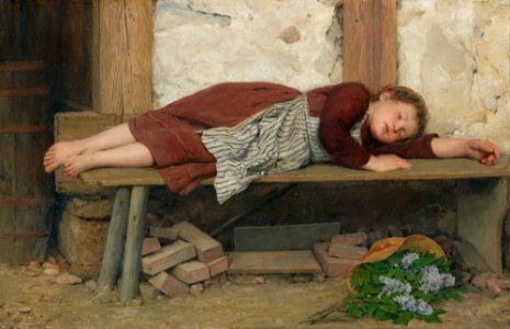 Albert Anker - Schlafendes Mädchen auf einer Holzbank. Free illustration for personal and commercial use.