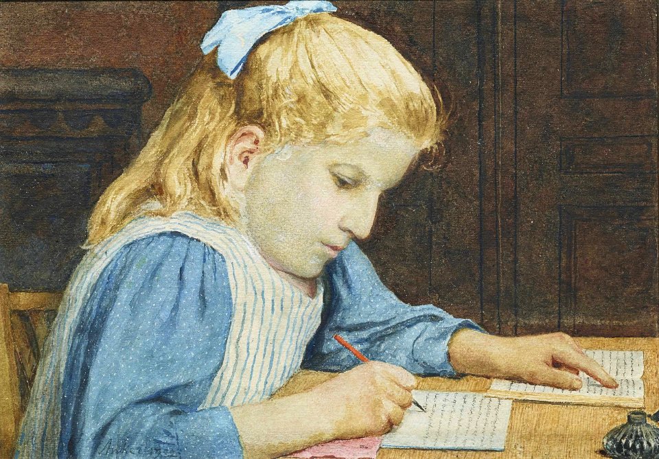 Albert Anker - Mädchen bei den Hausaufgaben (1909)