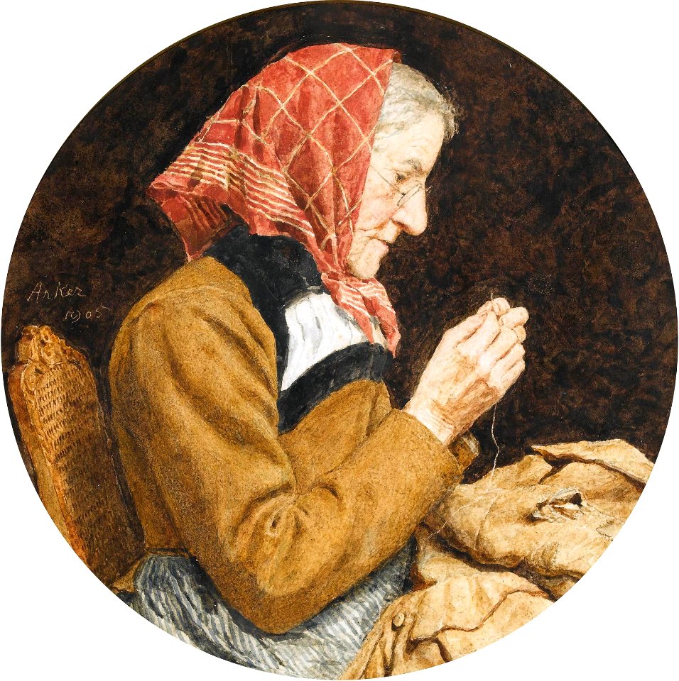 Albert Anker Sitzende Grossmutter beim Flicken