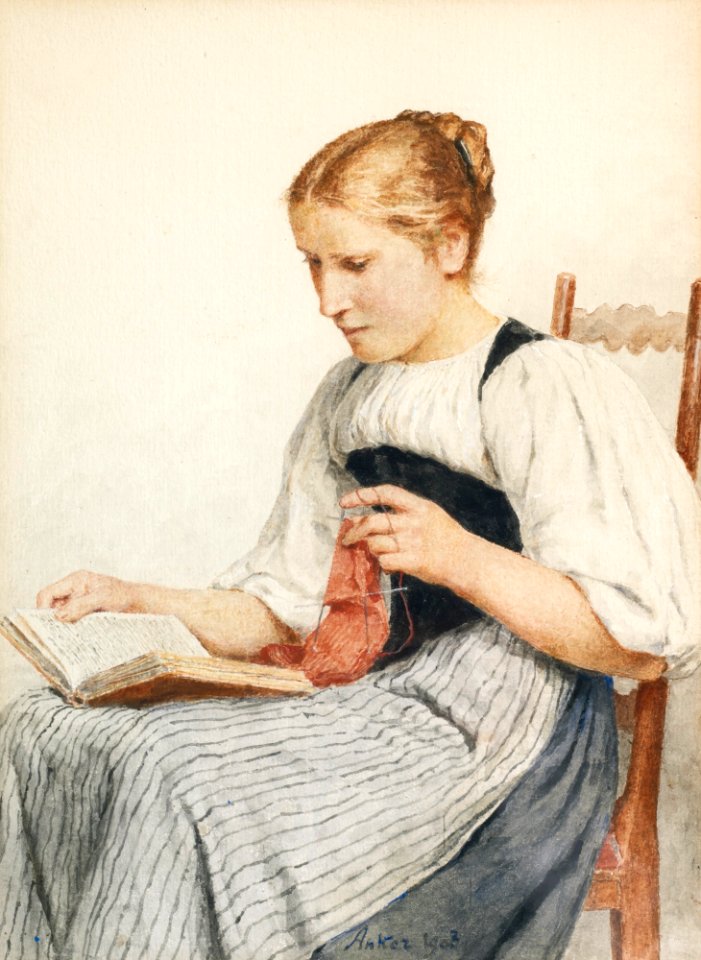 Albert Anker - Strickendes Mädchen beim lesen (1907)