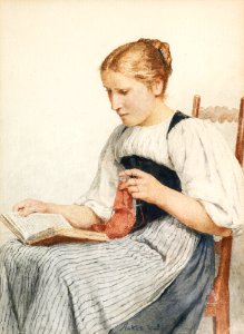 Albert Anker - Strickendes Mädchen beim lesen (1907). Free illustration for personal and commercial use.