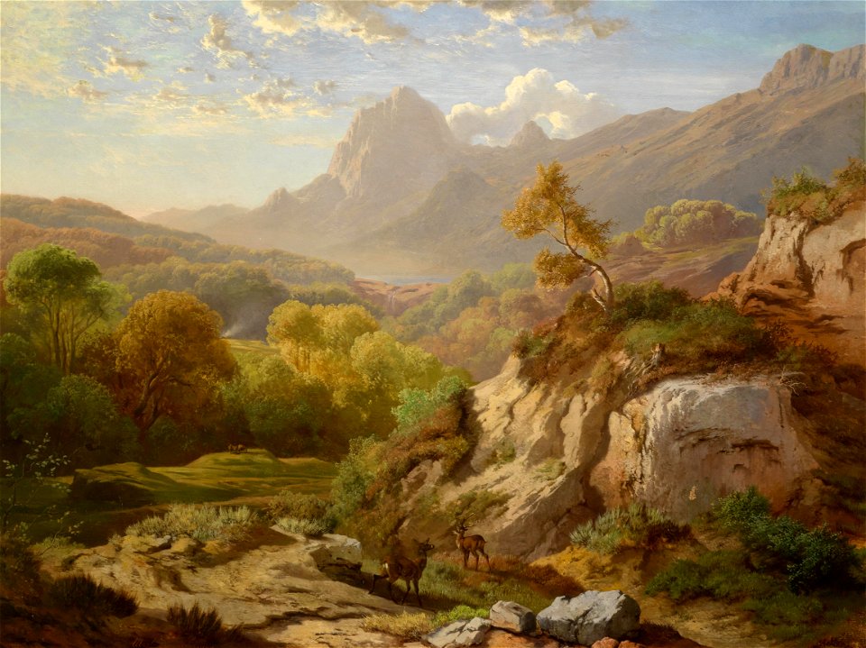Albert August Zimmermann Rotwild in einer weiten Gebirgslandschaft