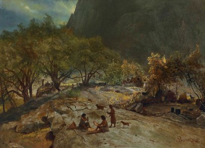 Albert Bierstadt - Mariposa Indian Encampment, Yosemite Valley, California. Free illustration for personal and commercial use.