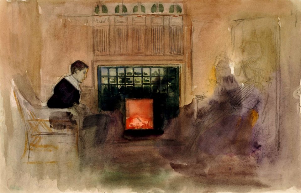 Albert Edelfelt - Interiööri taiteilijan huvilalta Kilosta, Erik istumassa uunin vieressä - A II 1620 - Finnish National Gallery