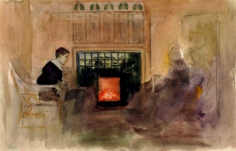 Albert Edelfelt - Interiööri taiteilijan huvilalta Kilosta, Erik istumassa uunin vieressä - A II 1620 - Finnish National Gallery