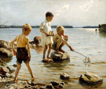 Albert Edelfelt - Boys Playing on the Shore. Free illustration for personal and commercial use.