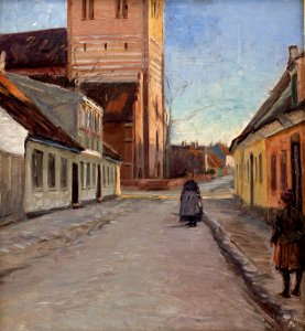 Albert Gottschalk - Gade i Køge med Nicolai kirke til venstre - KMS6695 - Statens Museum for Kunst