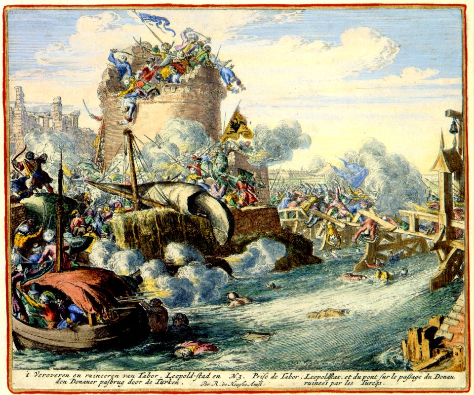 Atlas Van der Hagen-KW1049B10 051 2B-t Veroveren en ruineeren van Tabor, Leopold-stad en den Donauer pasbrug door de Turken = Prise de Tabor, Leopoldstat, et du pont sur le passage du Donau ruinees par les Turcqs