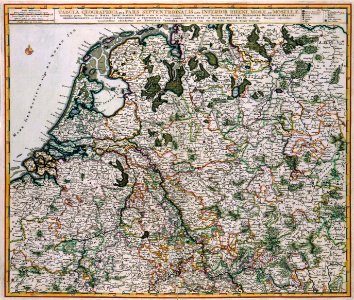 Atlas Van der Hagen-KW1049B10 083-TABULA GEOGRAPHICA QUA PARS SEPTENTRIONALIS SIVE INFERIOR RHENI, MOSAE, ET MOSSELAE, maximaeque partes VISURGIS, MOENI, AMASI, SCALDIS, ISALAE, et alia in eosdem influentia Flumina