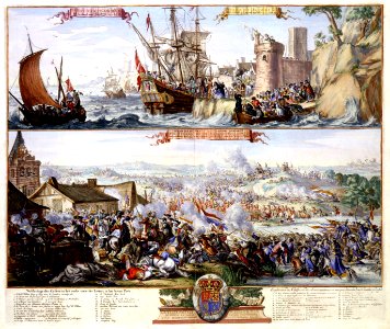 Atlas Van der Hagen-KW1049B11 052-Twee scenes- -1- VLUGT VAN JACOB DE II uyt Ierland naar Vrankrijk, den 12 Iuly 1690 -2- OVERWINNING VAN KON. WILLEM DE III. door het volkomen slaan van Jacob de II. in Ierland den 11 Iuly 1690