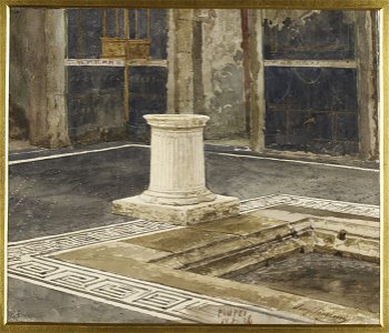 Atrium with mosaic floor and plinth in Pompeii watercolor by Luigi Bazzani
