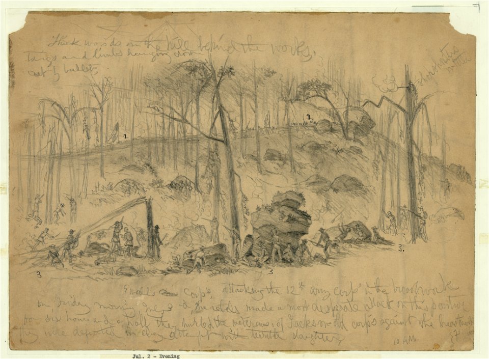 Attack of Genl. Ewell's Corps (Johnston's division), formerly under Stonewall Jackson, on the right flank of the Union Army on Culp's Hill held by the 12th Corps (Gen. Slocum) during the LCCN2004661931