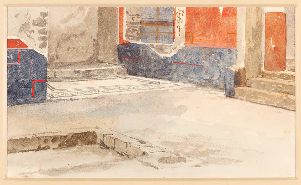 Atrium interior in Pompeii watercolor by Luigi Bazzani
