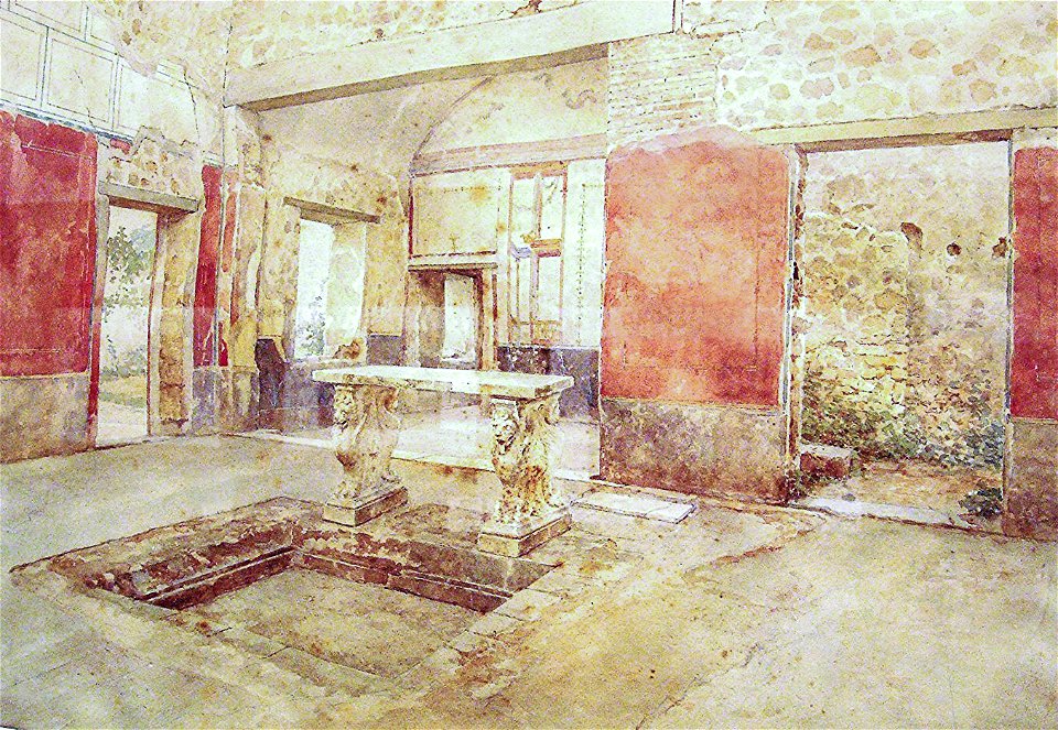 Atrium of the House of the Prince of Naples in Pompeii watercolor by Luigi Bazzani